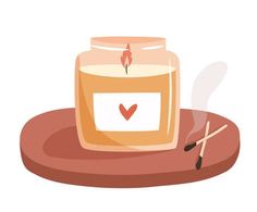 a candle with a heart on it sitting on a plate next to a matchstick