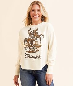 Wrangler® Retro Cowboy Thermal - Cream Medium, Women's White Graphic top Bust measures 45 on size small Body length 23 1/2 on size small. 60% Cotton 40% Polyester. Machine wash cold with like colors. Only non-chlorine bleach when needed. Tumble dry low or line dry. Apparel & Accessories > Clothing > Shirts & Tops Retro Cowboy, Wrangler Shirts, Graphic Top, Accessories Clothing, Women Shirts Blouse, Shirts Blouses, Women's Shirts, 2 On, Come Back