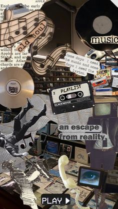 a collage of music related items including cds, tape recorders and other objects