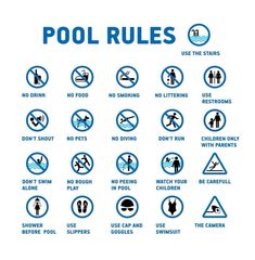 a sign that says pool rules and instructions to use them in swimming, boating or surfing