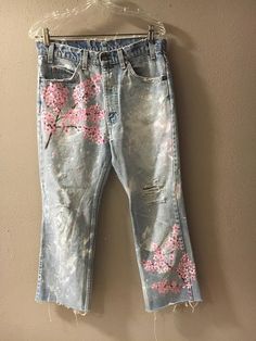 Cherry blossom hand painted jeans custom order | Etsy Hand Painted Jeans, Jeans Custom, Paint Splatter Jeans, Cherry Blossom Painting, Painted Clothing, Boho Jeans, Recycled Jeans, Trendy Jeans, Painted Jeans