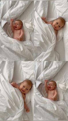 four pictures of a baby laying in a bed with white sheets on it's sides