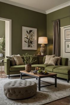 a living room with green walls and furniture