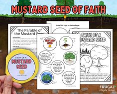 a hand holding a yellow disc with the words mustard seed of faith on it and an image