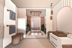 the interior of a modern bathroom is shown in this artist's rendering, with natural wood accents and neutral colors