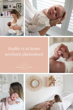 a woman holding a baby in her arms with the words studio vs at home newborn photoshoot