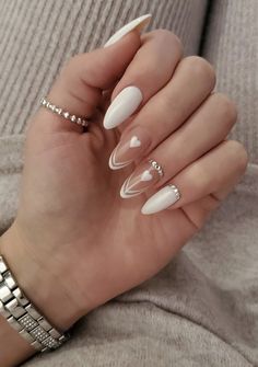 Almond Nails Designs Jelly, Uñas Delicadas Y Sencillas, White Almond Nail Designs, Kpop Idol Nails, White Nail Ideas, Almond Nail Designs, Unghie Nail Art, Work Nails, Almond Nails Designs