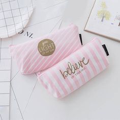 Kawaii Cute Pink Grid Believe/ Light up my life Canvas Pencil Makeup Pouch Cosmetic Case, Cute Pencil Pouches, Girly Office, Pencil Pouches, Cute Pencil, Stationary School, School Supply, Cricut Craft, Stationery Storage