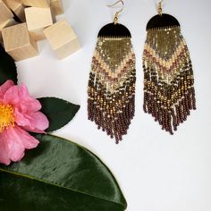 Handmade earrings. Drop length is 4 inches, width is 1 inch. Earrings Golden, Seed Beading, Golden Earrings, Earrings Drop, Fringe Earrings, Handmade Earrings, Beaded Earrings, Favorite Jewelry, Jewelry Earrings Dangle