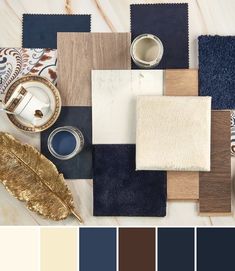 the color scheme is blue, brown, and white with an assortment of items on it