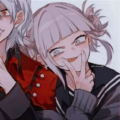 two anime characters one with grey hair and the other with white hair, are smiling