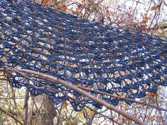 a blue piece of cloth hanging from a tree