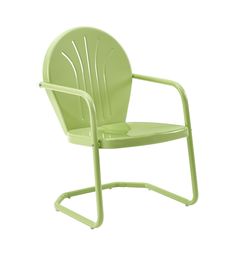 a lime green plastic chair with arms and back rests against a white background in front of the camera