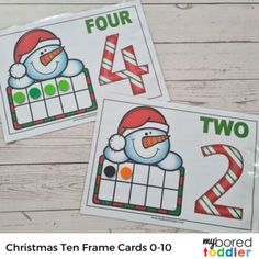 two christmas ten frame cards with the numbers one and two