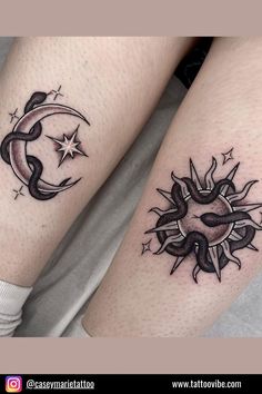 two sun and moon tattoos on both legs