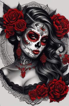 a woman with red roses in her hair and day of the dead make up on her face