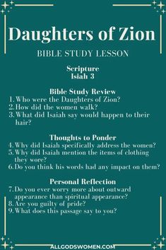 the daughters of zon bible study lesson with answers and text on green background,