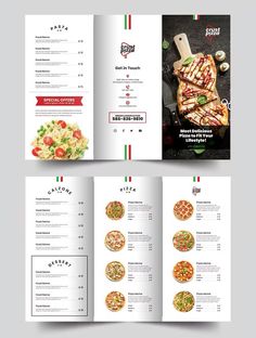 an open menu with pizzas on it and the italian flag in the corner,