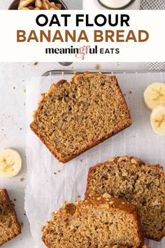 banana bread is cut into slices and placed on top of parchment paper with bananas in the background