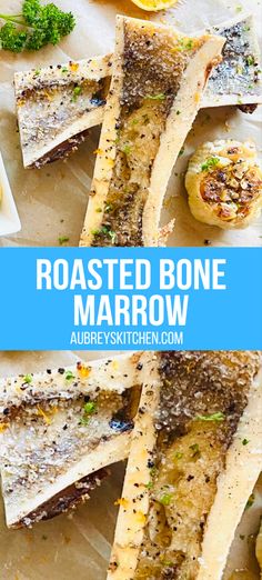 Roasted bone marrow recipe. Bone marrow on plate with roasted garlic. What To Do With Beef Bones, Bone Marrow Recipe Baby, How To Cook Beef Bone Marrow, Bone Marrow Sauce