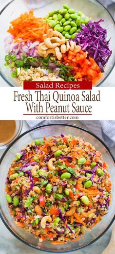 fresh thai quinoa salad with peanut sauce and cashews in a glass bowl