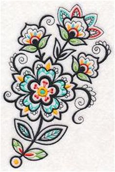 an embroidered design with flowers and leaves on white fabric, in the shape of a flower