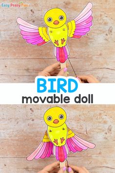 two hands holding paper birds with the words bird movable doll above them and below it