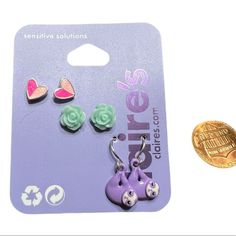 New On Card 3 For 25 Claire's Set Of 3 Pair Heart Flower Sloth Earrings Nwt. Claires Piercing Earrings, Claire’s Accessories, Claire's Keychain, Sloth Earrings, Claire’s Earrings, Claires Earrings, Heart Flower, Flower Heart, Sloth