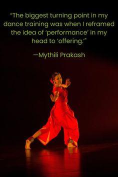 a woman in a red dress dancing on stage with a quote about the dance technique