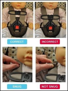 instructions to adjust the baby's safety harness on a doll in a car seat