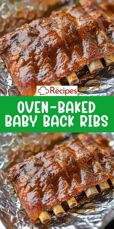 oven baked baby back ribs with bbq sauce on top and in the background text overlay reads, oven baked baby back ribs