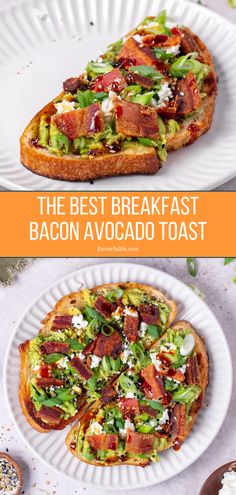 the best breakfast bacon avocado toast is on a white plate and it's ready to be eaten