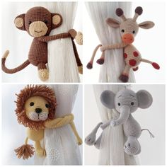 four different stuffed animals hanging from curtains