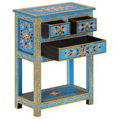 a blue and yellow table with drawers on it's sides, decorated with flowers