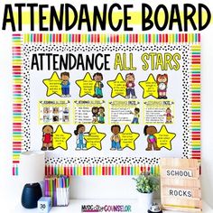 an attendance board with all stars on it and some school supplies in front of it