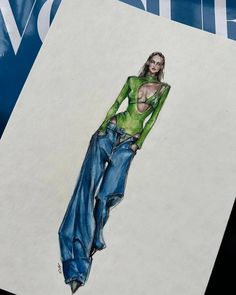 a drawing of a woman in green shirt and jeans