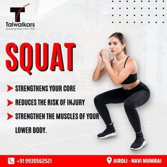 Benefits of Squat...👇🏻
 
* Strengthen your core 
* Reduces the risk of injury
* Strengthen the muscles of your lower body
 
Contact Us - 9930562521 Dumbell Squats, Poster Promo, Benefits Of Squats, Strengthen Your Core, Squat Workout, Gymnastics Workout, Bench Press