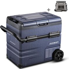 an image of a cooler with wheels on the front and back side for transporting items