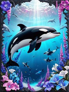 an underwater scene with two orca whales and many other animals in the water, surrounded by purple flowers