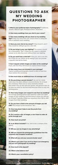 an advertisement for a wedding photographer with the words, questions to ask my wedding photographer