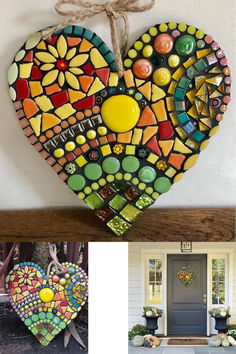 a heart made out of stained glass sitting on top of a wooden shelf next to a door