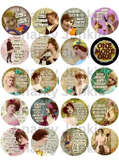 a bunch of buttons with some words on them in different colors and sizes, including one woman's face