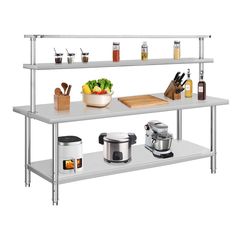 an industrial style kitchen shelving unit with stainless steel shelves and cooking utensils