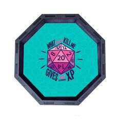 a pink and blue d20 dice with what killed me gives xpp written on it