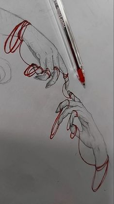 a pencil drawing of two hands holding each other's fingers with red crayons