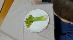 a paper plate with celery and grapes on it next to a child's hand