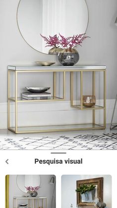 a white and gold console table with vases on it in front of a mirror