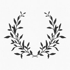 a black and white image of a wreath with leaves on the side, in an oval shape