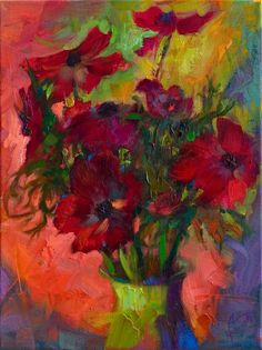 a painting of red flowers in a green vase