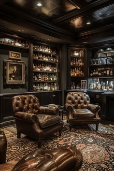 a room with two leather chairs in front of a wall full of bottles and liquors